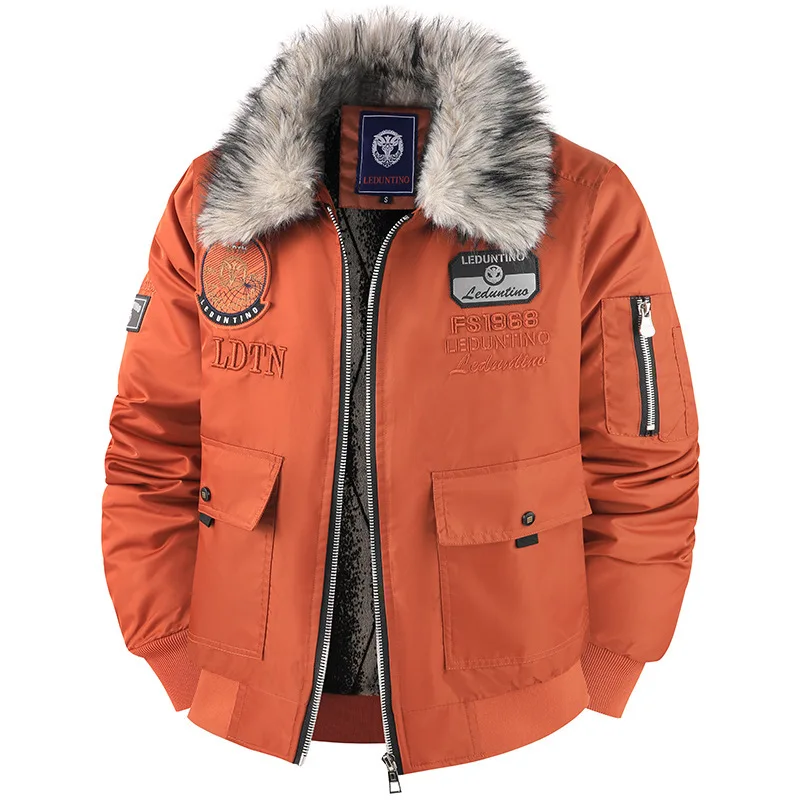 Men's Winter Thick Cotton Jacket with Hooded Fur Collar Warm Casual Trendy Style Overcoat