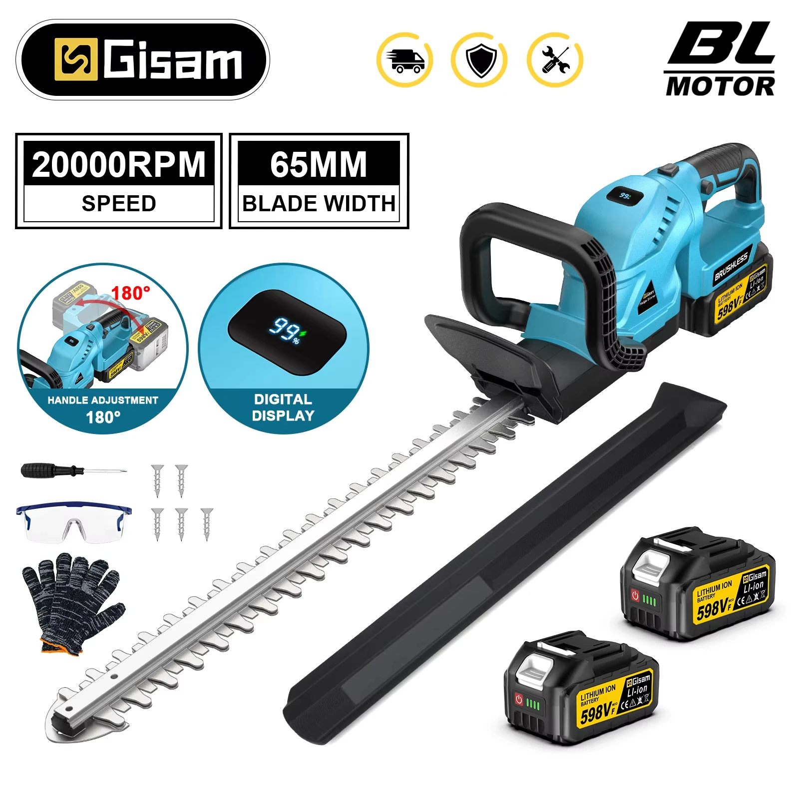 Gisam 65MM Bürstenloser Elektrischer Heckenschneider Drehbarer Garten-Landschaftspflege-Heckenschneider Trimmer-Werkzeug für Makita 18V Akku