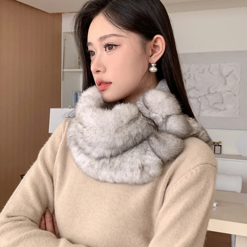 Real Rex Rabbit Fur Scarf For Women Winter Thickened Warm Plush Ball Fur Scarf Furry Fur Real Fur Collar Neck Warmer Ring Scarf