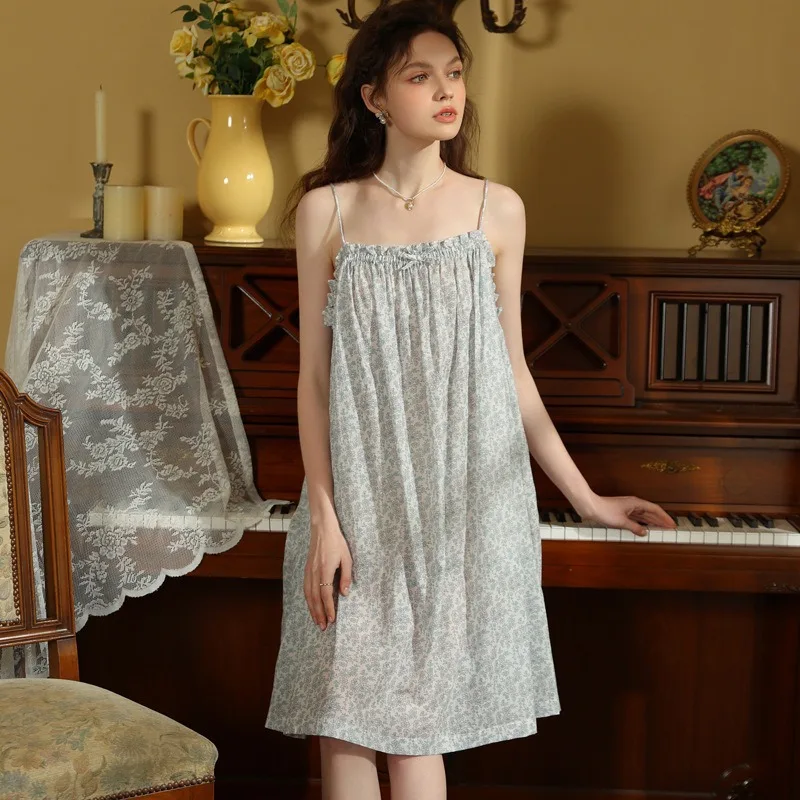 

Sweet Summer Suspender Nightdress for Women 100% Cotton Short Pajamas with European American Print Home Wear