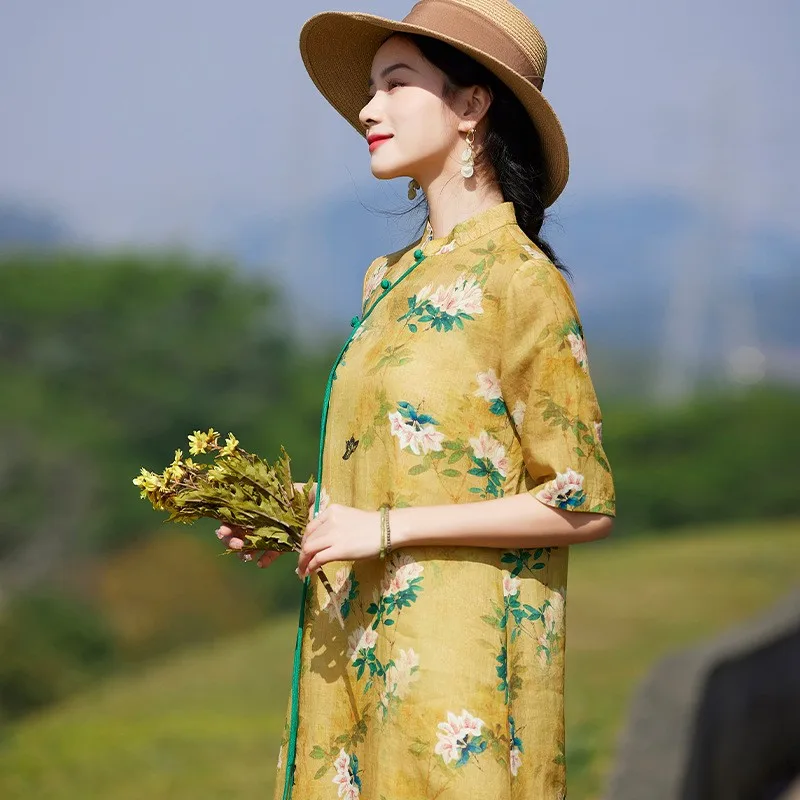 Verano 2023 adelgazante A-Line Midi Dr estampado Floral cuello Qipao mujer de talla grande tela de lino Casual ropa de oficina comodidad en el hogar