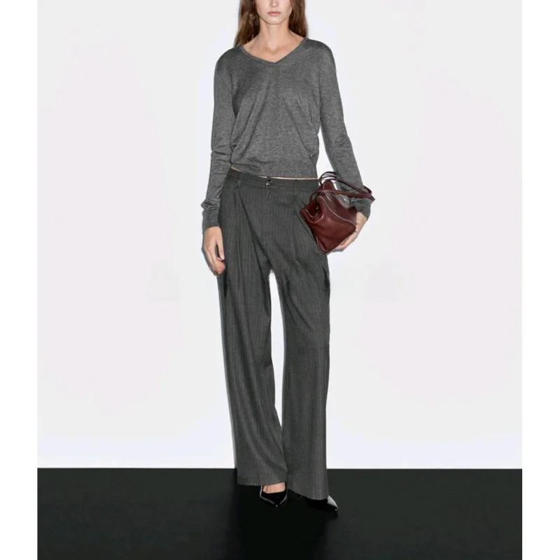 بنطلون واسع الساق مخطط للنساء بأسلوب عملي أنيق، تصميم جديد للخريف، بنطلون رسمي أنيق من ألياف البوليستر #1