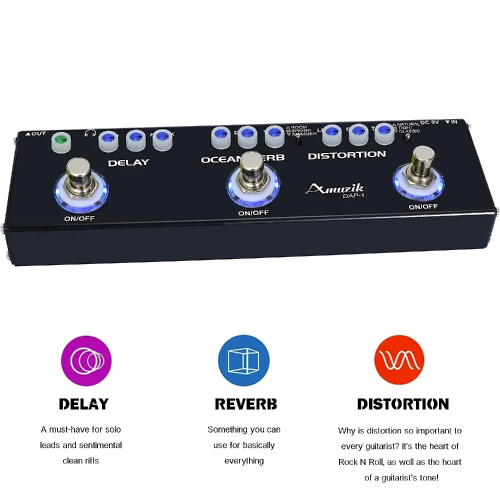 

Amuzik-Multi Guitar Effect Pedal, Multi Electric Combined Effects, Delay Ocean Verb Distortion, 3-in-1 Pedals, True Bypas