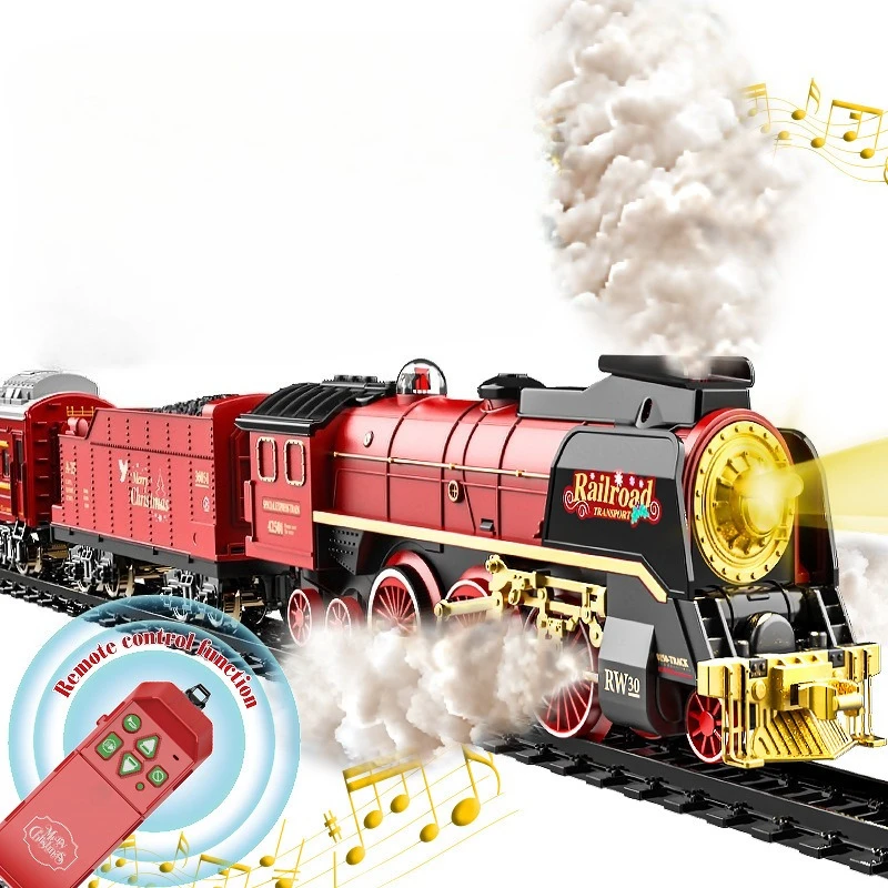 クラシックなリモコン電動列車のおもちゃ、シミュレーション蒸気機関車模型、ライト付き、子供のおもちゃ、クリスマスプレゼント