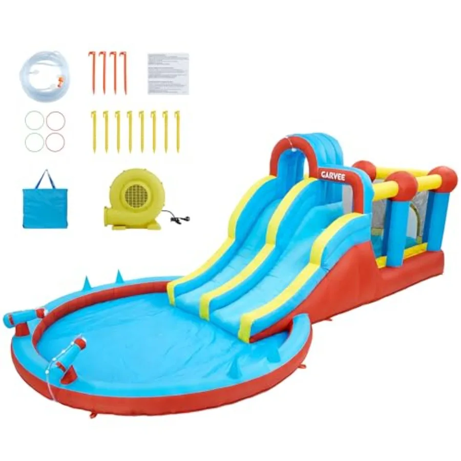 

Надувной аквапарк 23 фута с двумя гоночными горками, водными пистолетами, батутом и скалодромом, сине-желтый, для двора