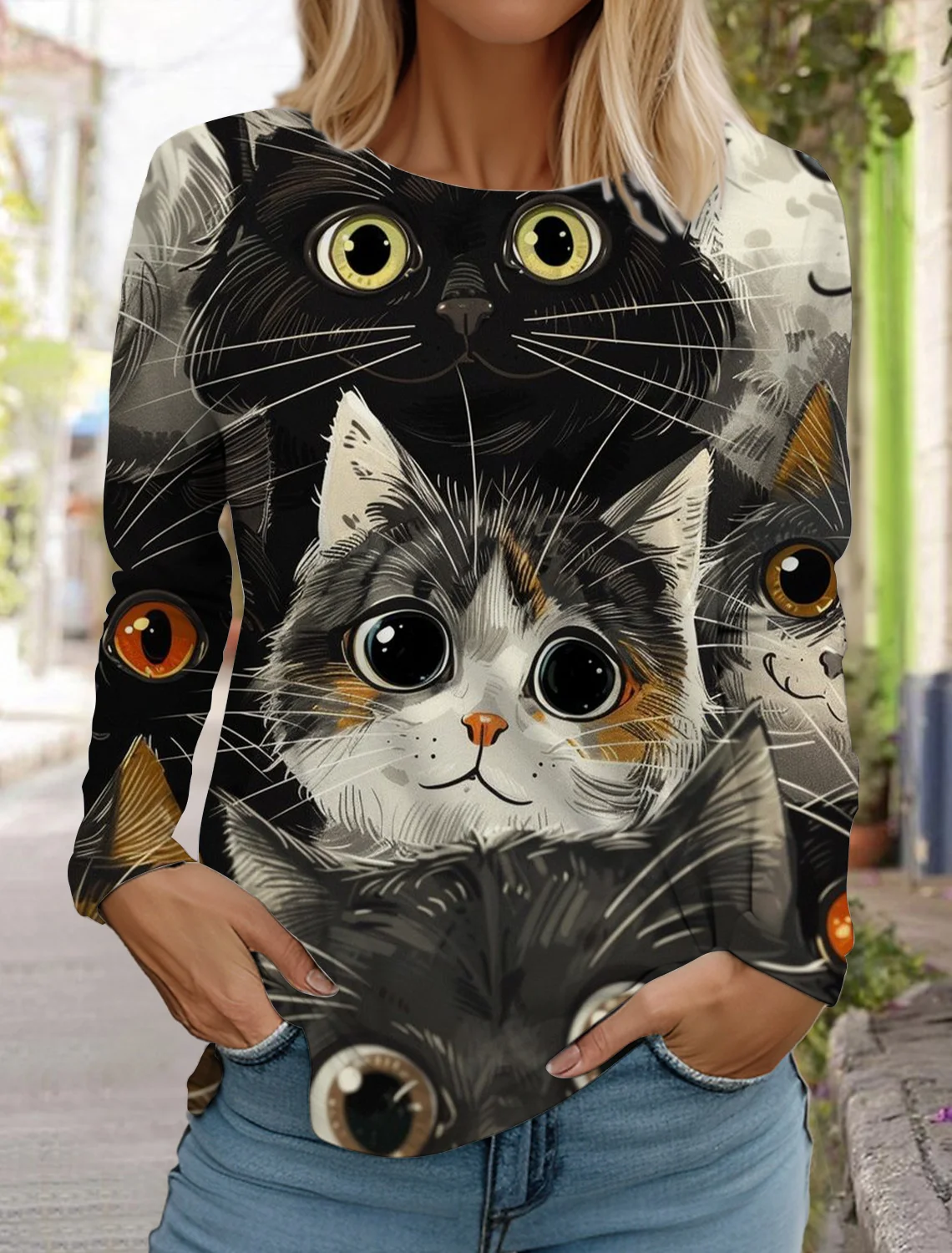 Women's Sweatshirt Designer Round Neck Long Sleeve Fashion Casual Cute Kitten Animal Pattern Print Tops
