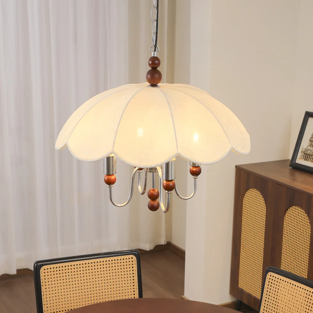 

White Cloth Pendant Lamp E27 Bulb Dark Wood Flower Pattern For Dining Room Bedroom Parlor Lighting Dropshipping Wire Adjustable