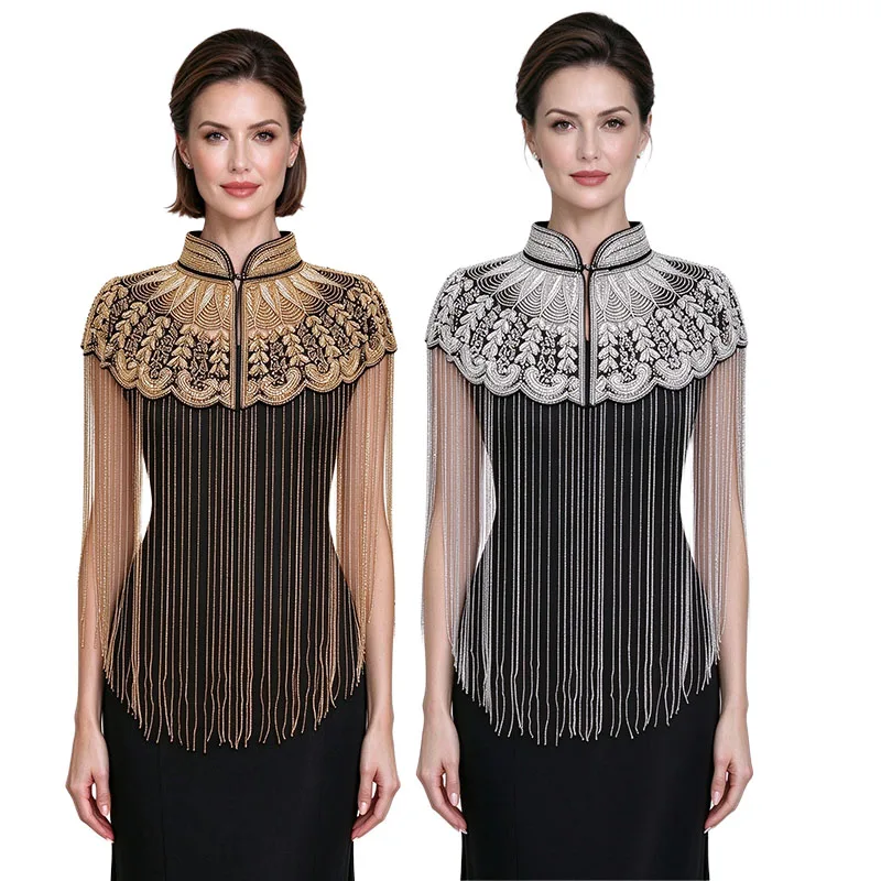Vintage YUNJIAN Beaded Full Embroidery Tassel Cape Shawl, Shoulder Wrap Shrug for Evening Party Banquet Wedding Stage Performanc