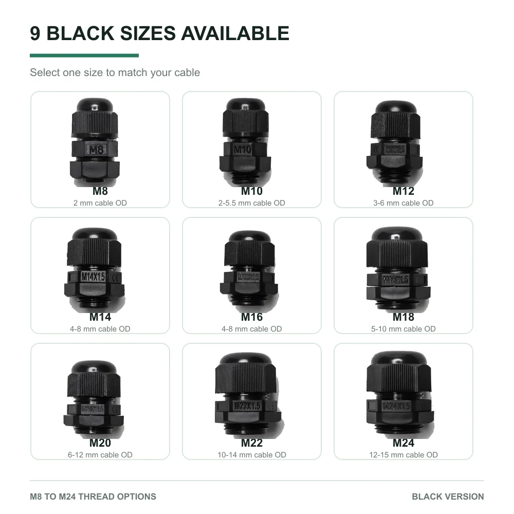 M8-M24 Black Nylon M-Type Cable Gland, IP68 Waterproof Threaded Cable Connector for Electrical Enclosures, 9 Sizes