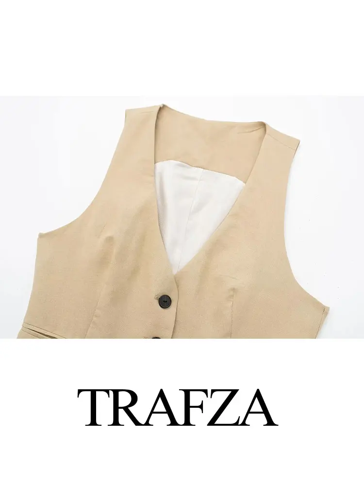 TRAFZA 2024 Spring New Women\'s Fashion Office Suit Vest Chic V-neck Single Breasted Women\'s Pocket Vest Vest Cropped Top Y2K