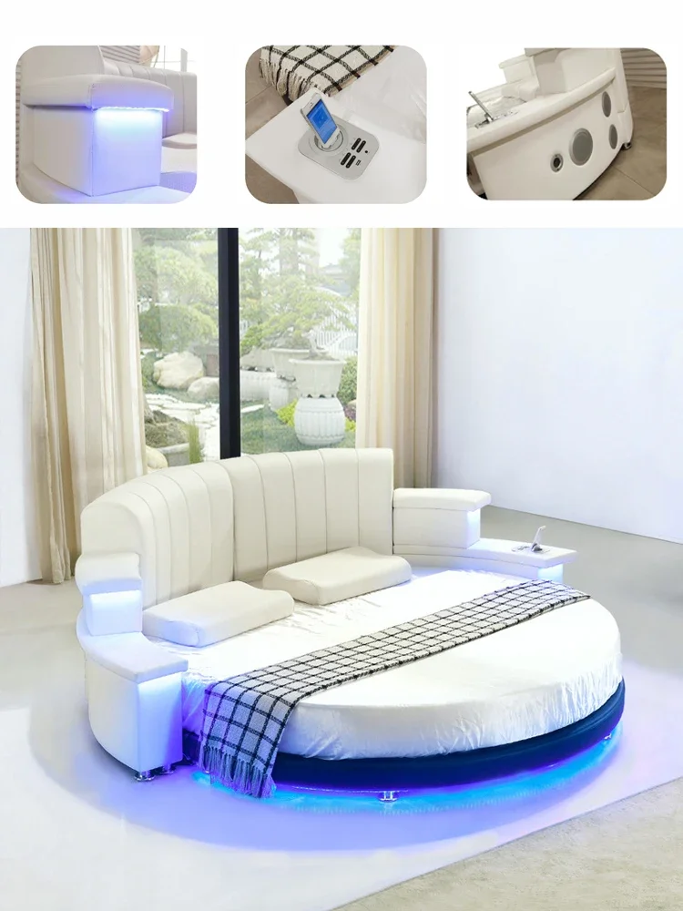 Genuine Leather Multifunctional Round Bed Frame Ultimate Bed With LED Light Bluetooth Speaker Iphone