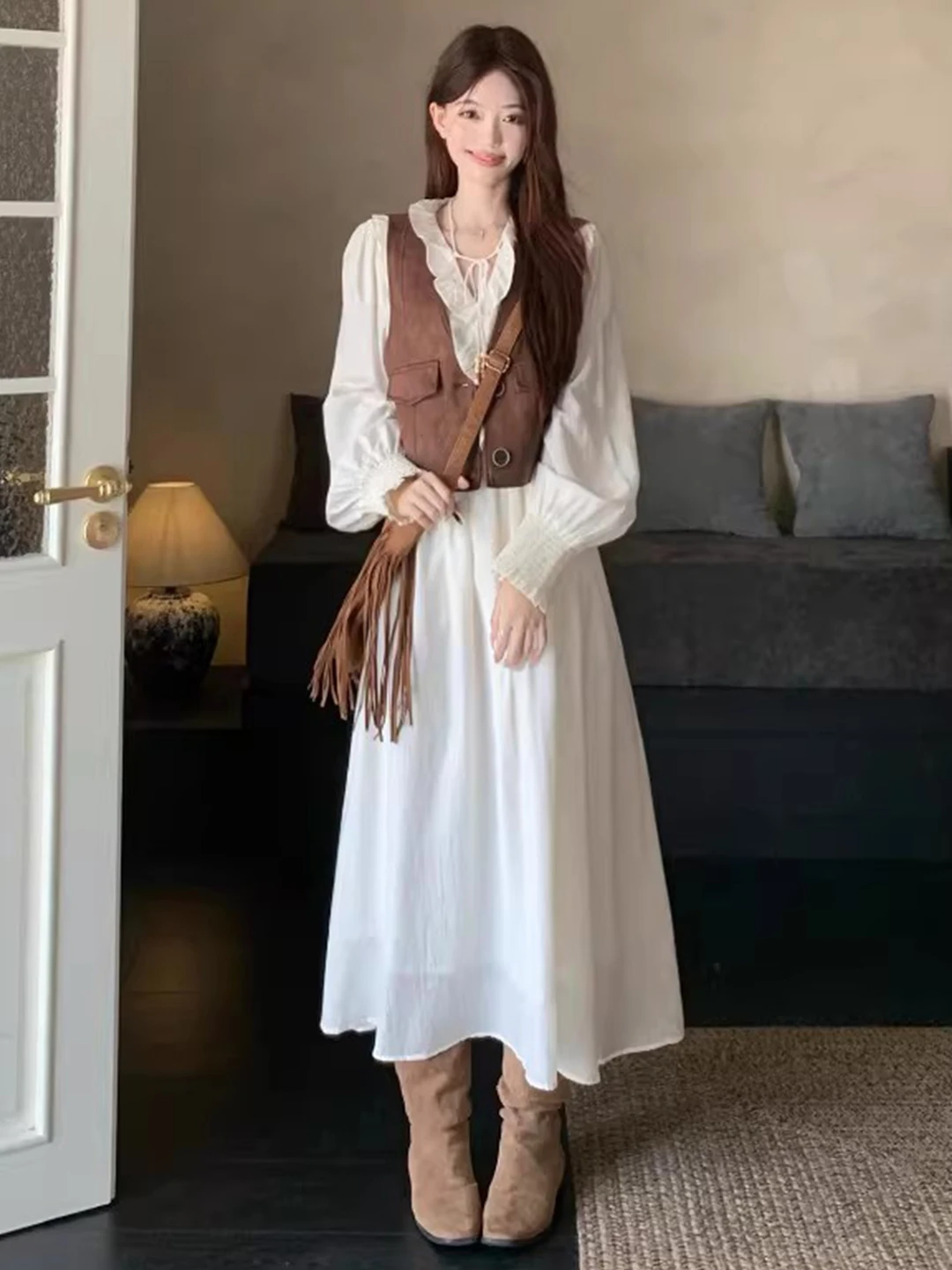 

Spring Women's plus Size Vest And Dr Set Conceal Meat High Sensation Two-Piece Set Korean Sle Loose Fit Long Sve V-Ne