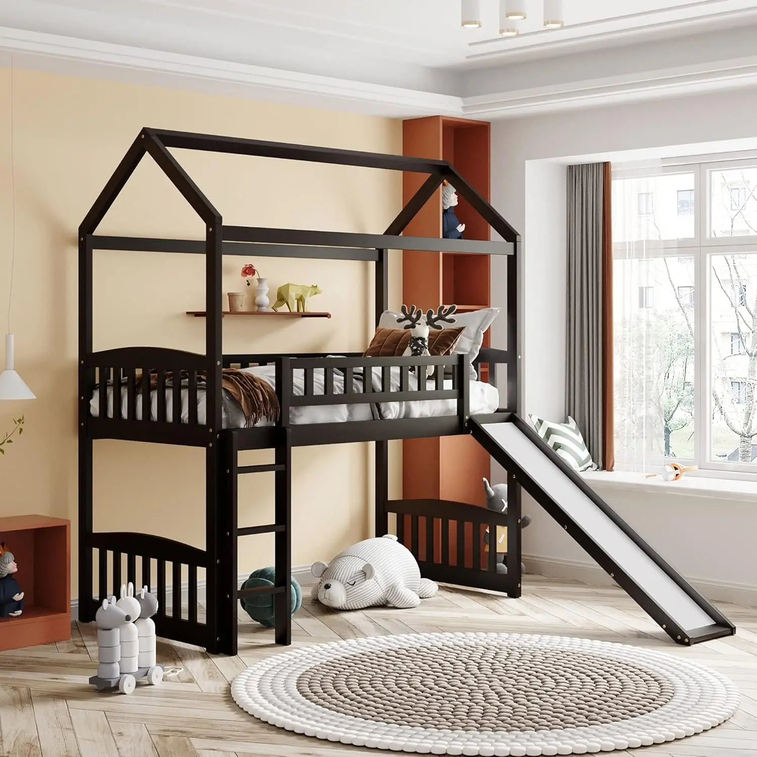 

House Loft Bed With Slide No Box Spring Needed For Teens, Girls Or Boys, Twin, Espresso