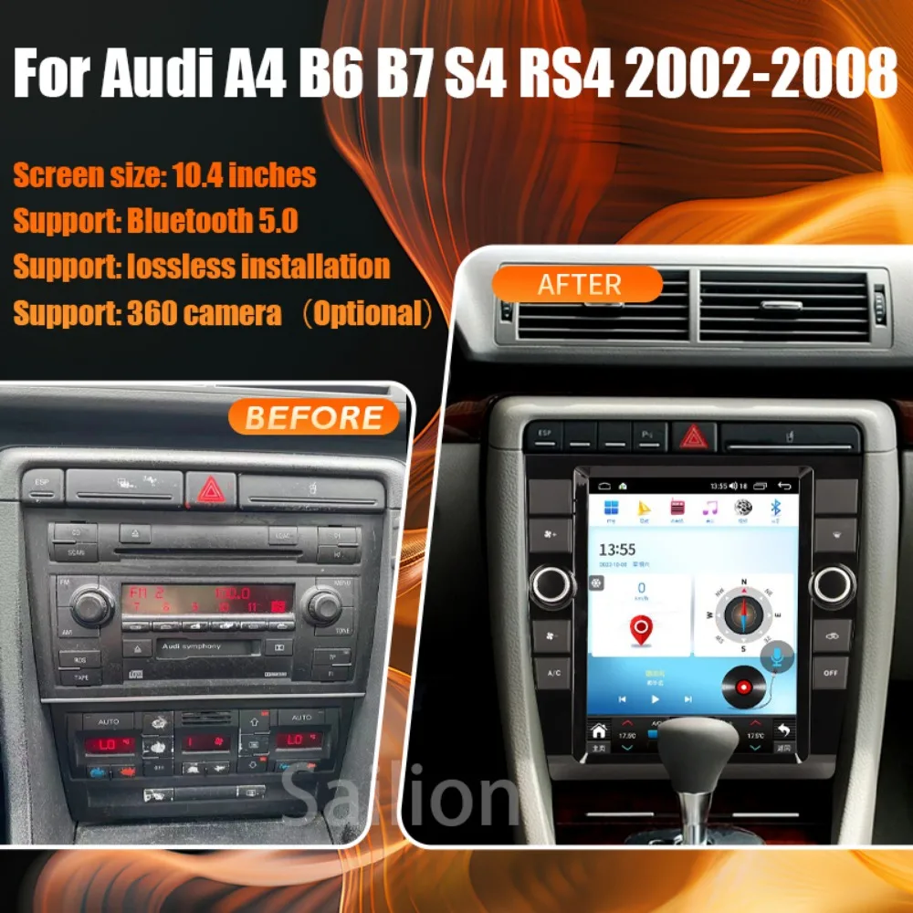 Android 14 Car Radio For Audi A4 B6 B7 S4 RS4 2002-2008 Tesla Automotive Multimedia Carplay Auto WIFI Bluetooth Stereo GPS 1Din