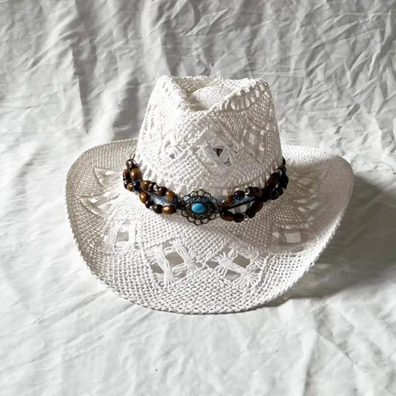 قبعة 97QE كاجوال من القش قابلة للتنفس مع حزام منسوج عرقي، قبعة شمسية واقية لعشاق الرياضة والمسافرين #5