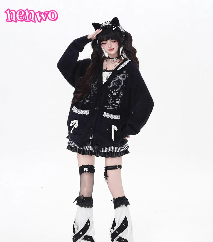 

Winter Sweet Cute Lace Hooded Rabbit Ear Loose Knitted Cardigan Autumn Winter College Style Kawaii Print Long Sleeve Cardigan