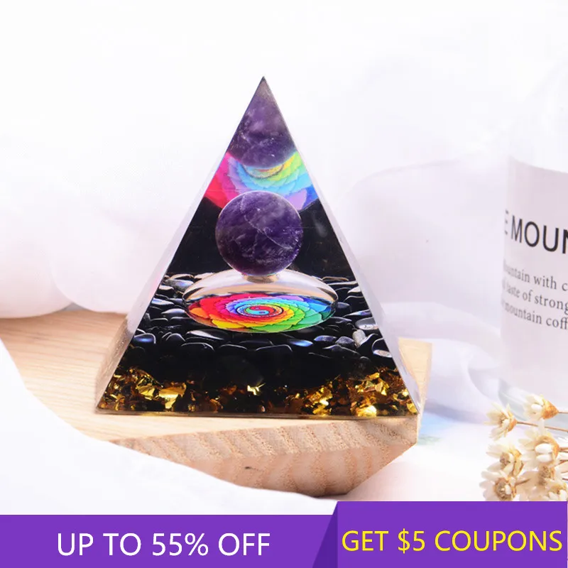 

Natural Epoxy Orgonite Pyramid Dream Amethyst Quartz Crystal Sphere Ball Reiki Healing Chakra Energy Orgone Gem Stone Decor Gift