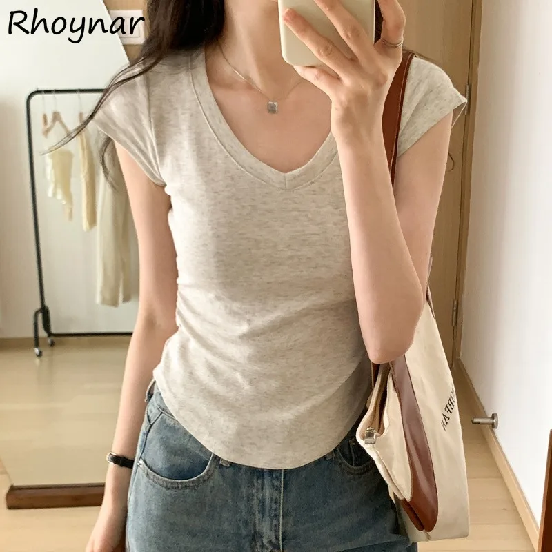 

Solid Short Sleeve T-shirts Women Summer Skinny Simple All-match Daily Korean Style High Street College Temperament Clothes Cozy