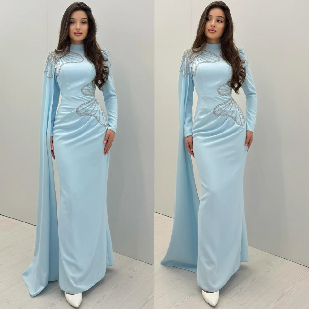 

Customized Luxury Satin Evening Dress Delicate Long Sleeves High Collar Prom Dresses Temperament Crystal Special Occasion Gowns