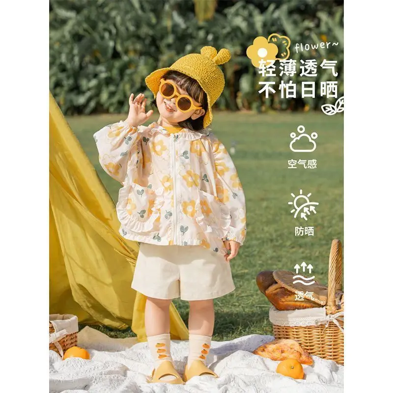 

Summer New Children Cute Sunflower Thin Long Sleeves Causl Hooded Sun Protection mosquito Clothing Girls Coat Windweare Jacket