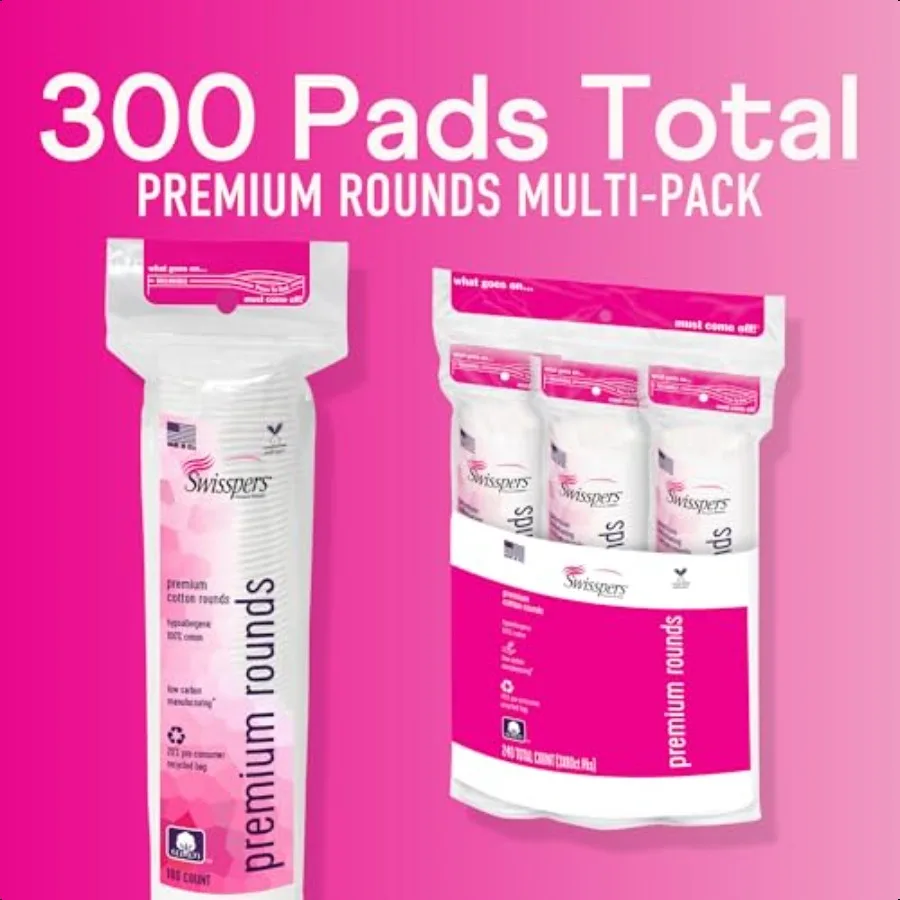 Swisspers – rondes en coton de qualité supérieure, 100 unités, paquet de 3 100 tampons hypoallergéniques doux et absorbants en pur coton pour démaquiller la peau