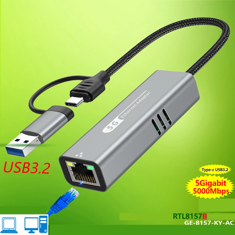

Сетевая карта USB 3.2 типа C к RJ45, 5 Гбит/с, USB-Ethernet-адаптер, 100/1000/5000 Мбит/с, RJ45 Lan Gigabit Converter для ПК, ноутбука