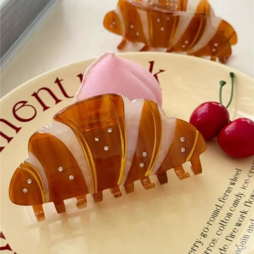 Cute Korean Style Croissant Hair Claw Coffee Headwear French Diamond Crab Clip Funny Kawaii Acetic Acid Shark Clip Girls