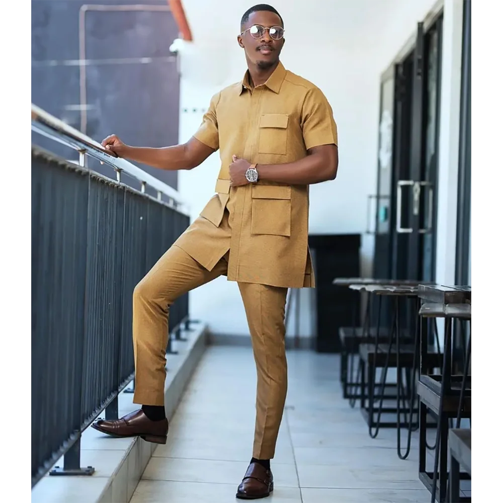 Yellow Three Pockets Lapel Single Breasted Men Suit Two-pieces(Short Blazer+Pants)Fashion Casual Party Prom Wedding Set