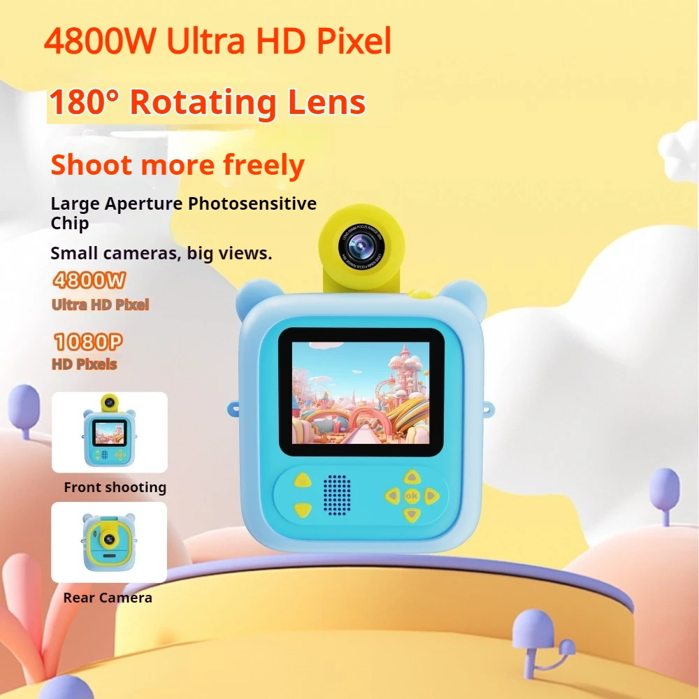 Instant Print Camera voor kinderen met 48MP 1080P HD Selfie 180 Draaibare Dual Lens 64GB Kaart voor Meisjes Jongens Kerst Verjaardagscadeau
