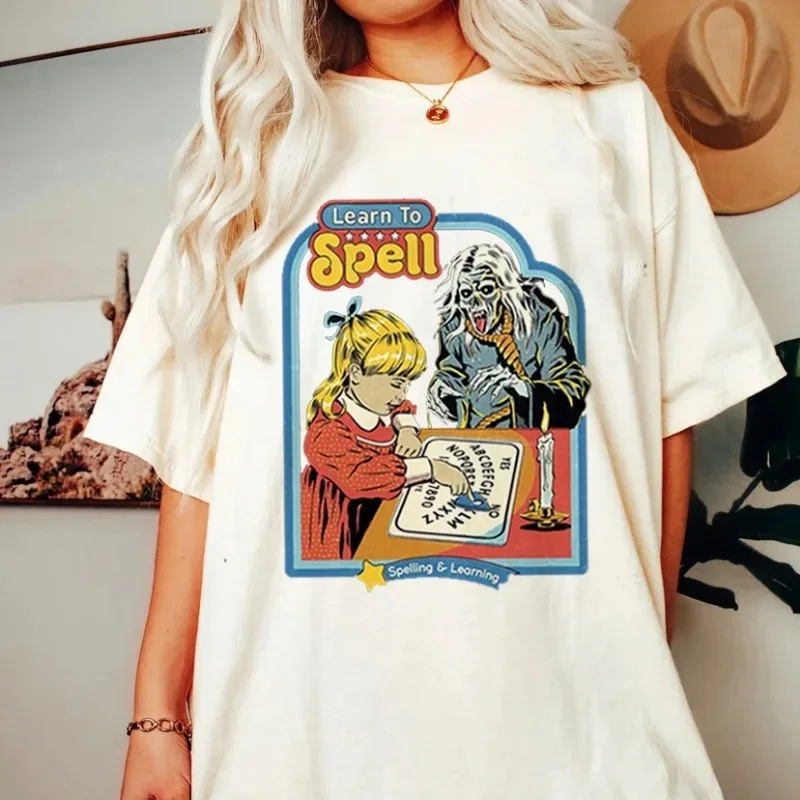 2023 Satan Demon T-shirt Horror Devil Retro Women\'s Classic Cartoon Top Harajuku Casual White Cartoon Round Neck T-shirt Tees