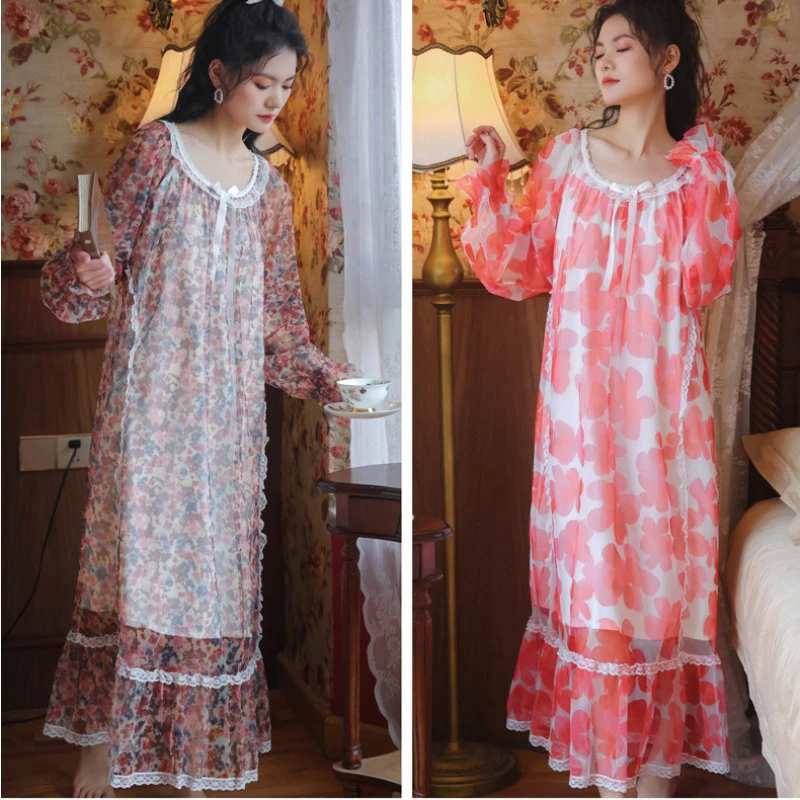 Floral Print Mesh Night Dress Women Long Sleeve Modal Sleepwear Princess Nightwear Peignoir Romantic Vintage Victorian Nightgown