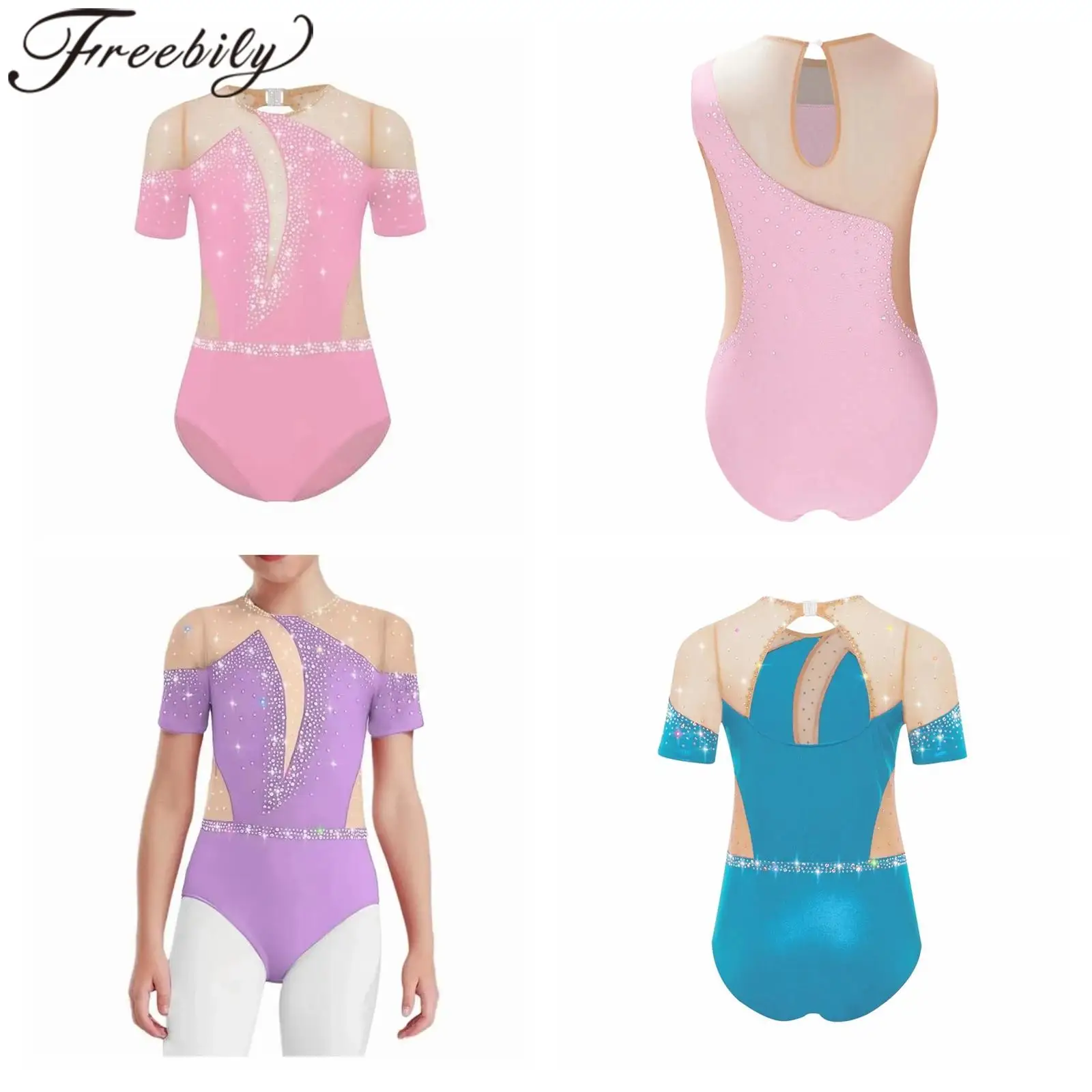 

Girls Rhythmic Gymnastics Figure Skating Tights Ballet Dance Leotard Teens Sheer Mesh Jumpsuit Children Acrobatics Bodysuit