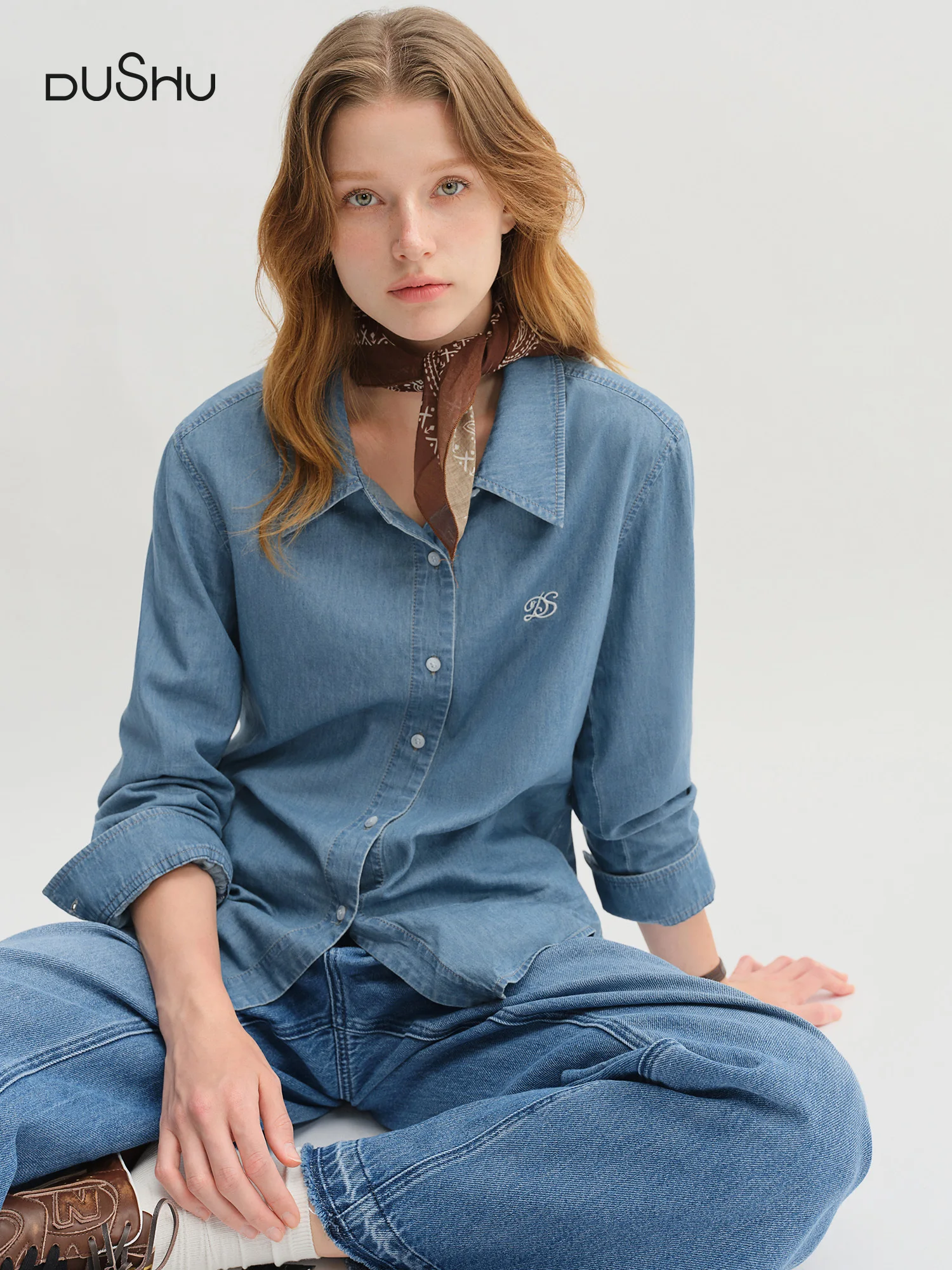 

DUSHU Plus Size Double Collar Design Denim Shirt For Women 2025 New Arrival Autumn French Style Top 25DS83269+25DS83083