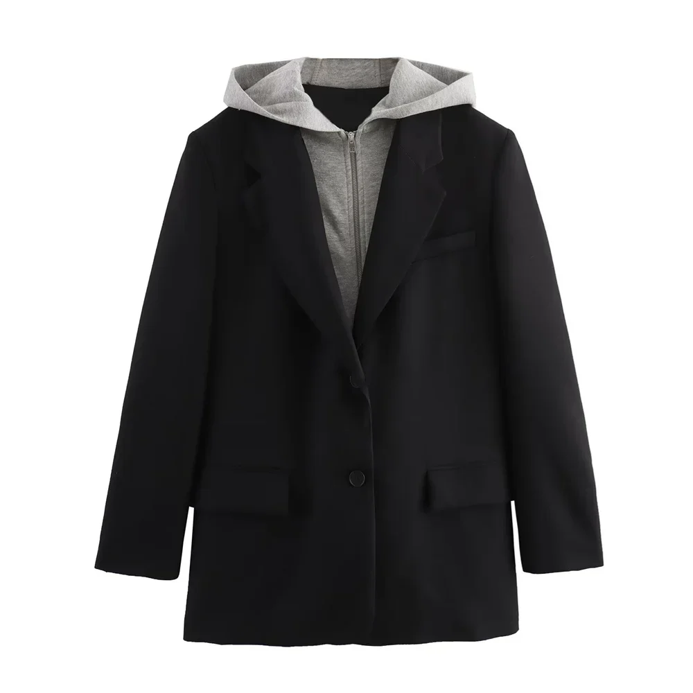 Pop 2024 Spring New Product Women's Casual Versatile Single Breasted Decoration Hooded Panel Suit Coat