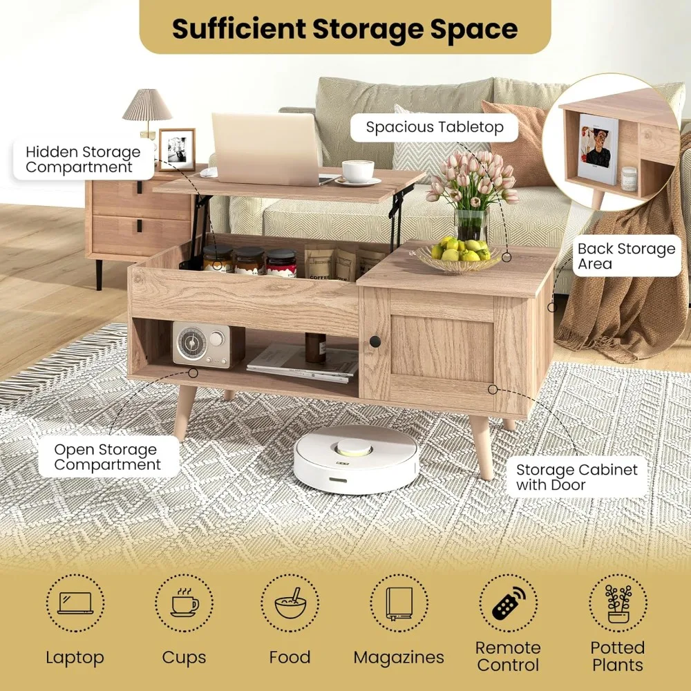Lift Top Coffee Table,  with Hidden Compartment, Open Shelf & Cabinet, Wooden Flip Top Center Table, Pull up Coffee Table