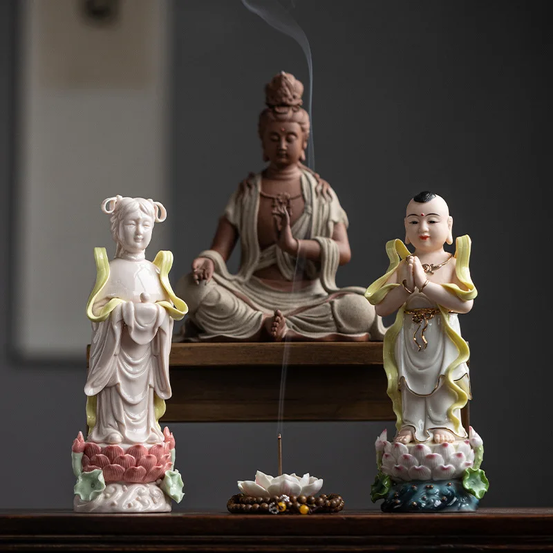 

Ceramic Good Wealth Child Dragon Girl Golden Child Jade Girl Avalokitesvara Bodhisattva Statue Buddha Worship Home Ornament