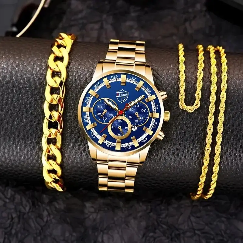 Fashion Luxury Men's Gold Watches Three Piece Set Men Gold Bracelet Combination Watch Mens Calendar Casual Wishwatch