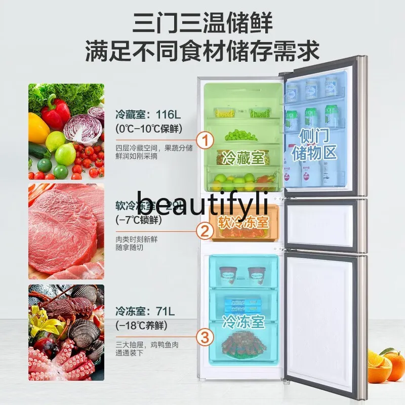 Kühlschrank für den Haushalt mit drei offener Türen, ultradünn, klein, mittelgroß, luftgekühlt, frostfrei und dünn