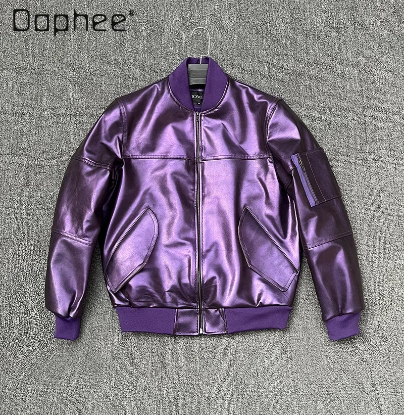 Purple Sheepskin Baseball Jacket 2024 Men Streetwear Long Sleeve Trend Casual Slim Leather Coats Male Clothes Motorcycle