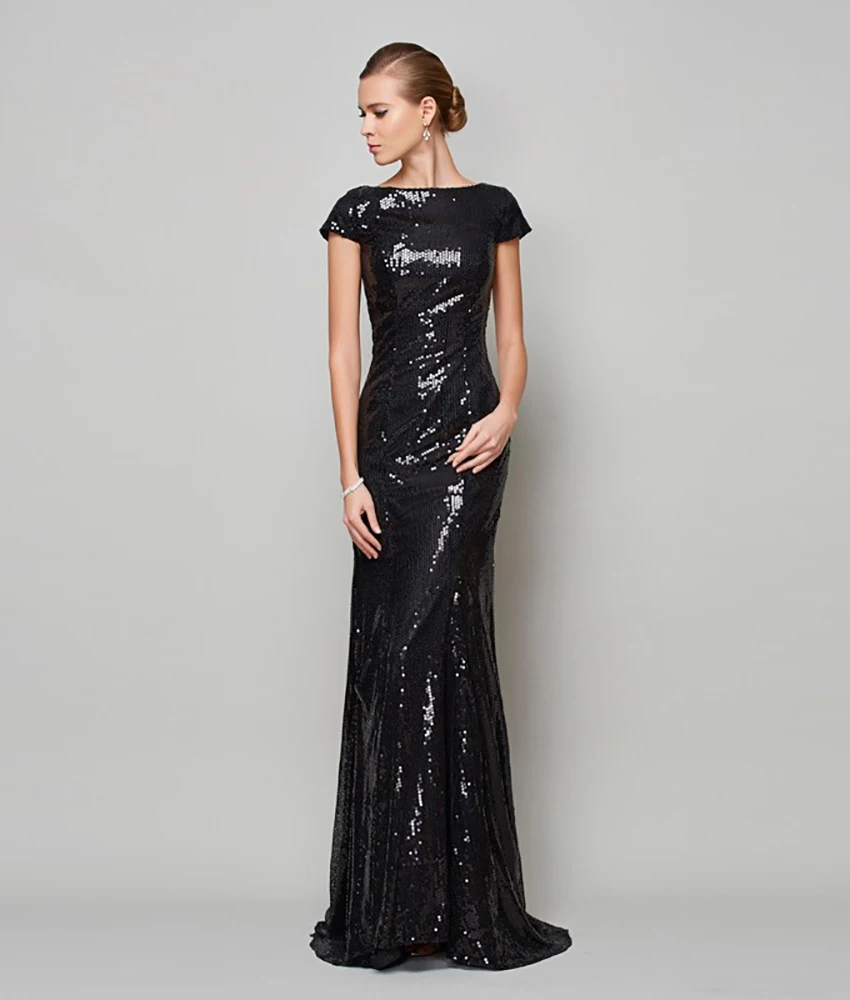 

Customized Luxury Sequined Mermaid Evening Dress High Quality Short Sleeves O-neck Floor Length فستان سهرة نسائي