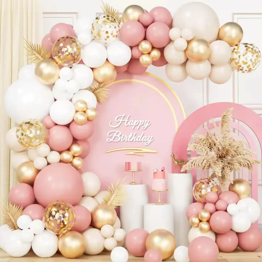 Kit de Arco de Balões Retro Rosa Pastel Macaron para Decoração de Casamento e Aniversário com Cadeia de Balões em Ouro Rosa