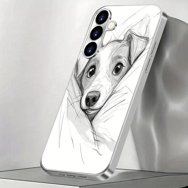 Simple sketch cute puppy electroplated silver phone case for Samsung Galaxy S25/S24/S23/S22/S21/S20/Note 20/A04/A05/A10/A12/A13