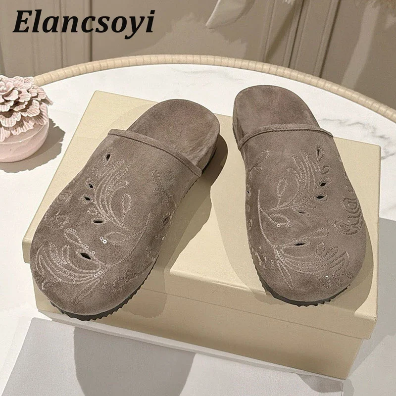 Lazy Mules Shoes Women's Embroidery Sequins Suede Hollow Outs Thick Bottom Casual Shoes Spring Autumn Closed Toe Half Slippers