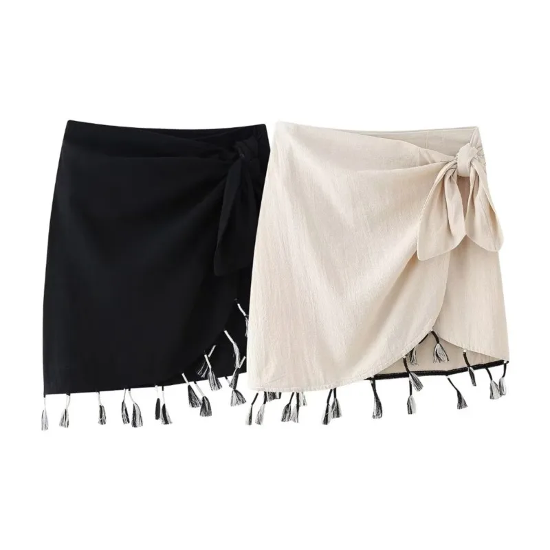 

Fringe Embellished Mini Skirts For Women With Knot Decoration High Waist Solid Color Asymmetric Sexy Above Knee Mini