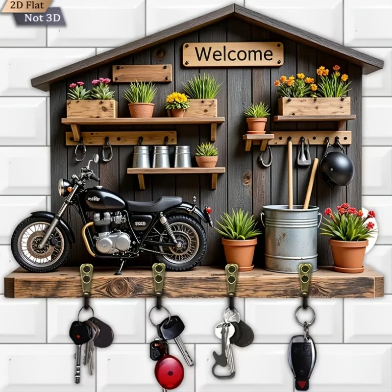 2D Flach, 1 Stück, Retro-Motorrad-Thema Schlüsselhaken aus Holz, Multifunktionaler Schlüsselhalter für Zuhause, mit Vier Metallhaken, Wandmontage