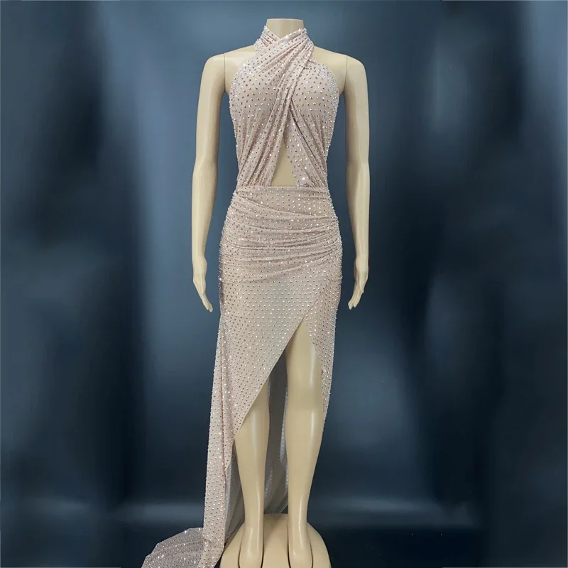 ชุดราตรีประดับเพชรเต็มตัว ชุดราตรียาวสีนู้ด ผู้หญิงวันเกิดตาข่ายเต้นรำชุดราตรีเซ็กซี่นักเต้นเครื่องแต่งกาย XS3071