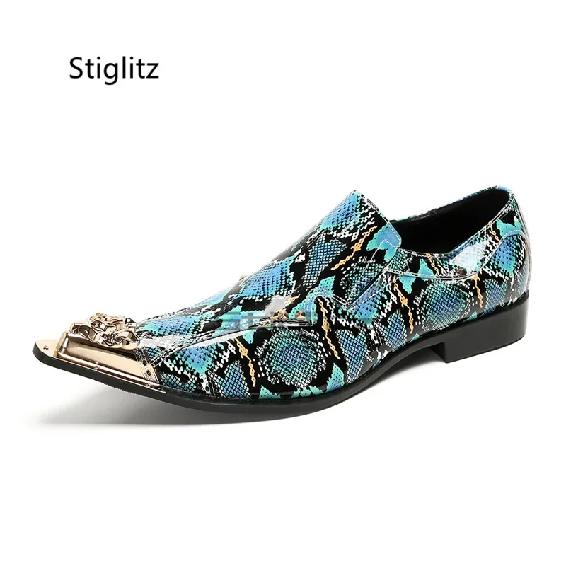 Prints Men's Business Shoes Snake Pattern Banquet Wedding Shoes Metal Pointed Toe Spring Autumn Slip On Genuine Leather Shoes