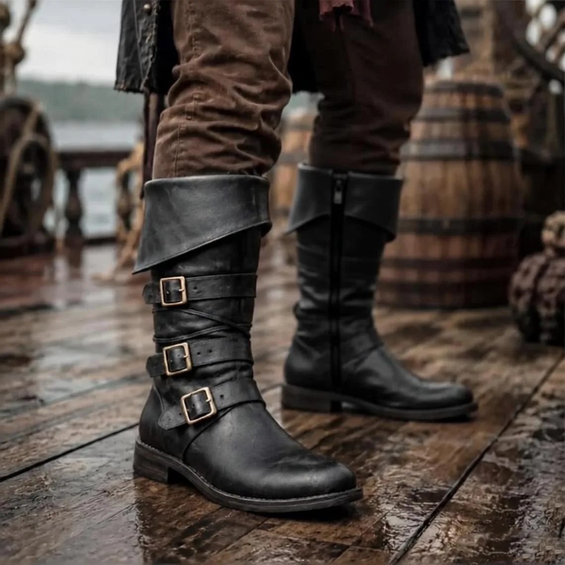 Herren Distressed Fold-Over-Manschetten Piratenstiefel Mittelhohe Stiefel Mittelalterliche Renaissance Kapitän Cosplay Stiefel Party Kostüm Schuhe 2026 – Detail 3
