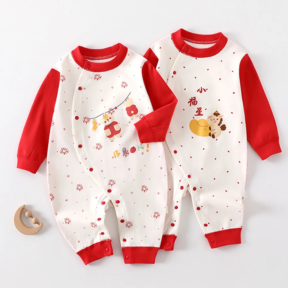 

Детский комбинезон для новорожденных мальчиков и девочек, хлопковый красный цвет, новогодний детский комбинезон в китайском стиле с длинными рукавами, весенне-осенняя одежда