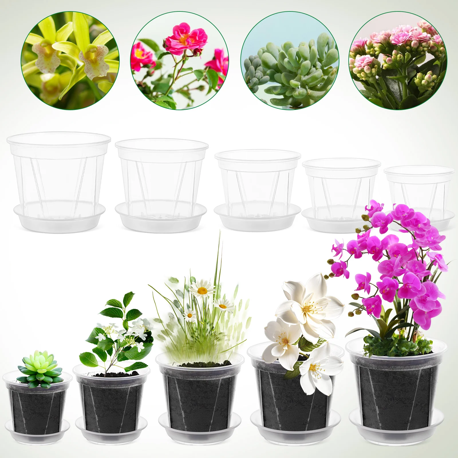 5pcs Clear Nursery Pots Plastic Orchid Pots Planter Pot Succulent Pot Flower Pots With Drainage Holes Garden Supplies